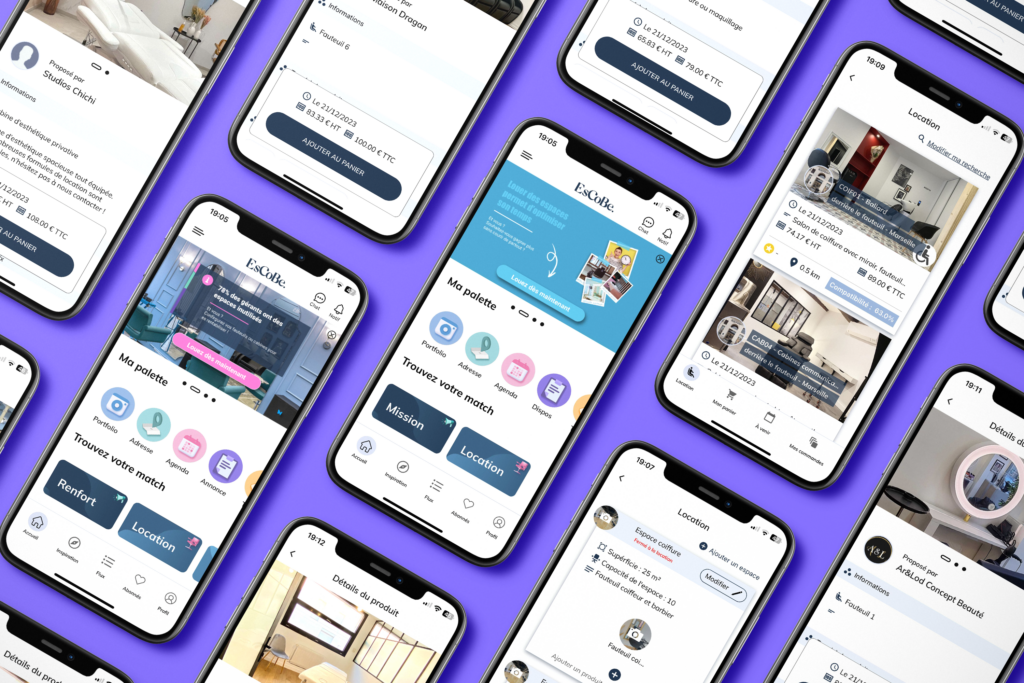 Image illustrant un professionnel de la beauté se connectant à l'application EsCoBe Pro sur son smartphone via Apple store et Google Play store